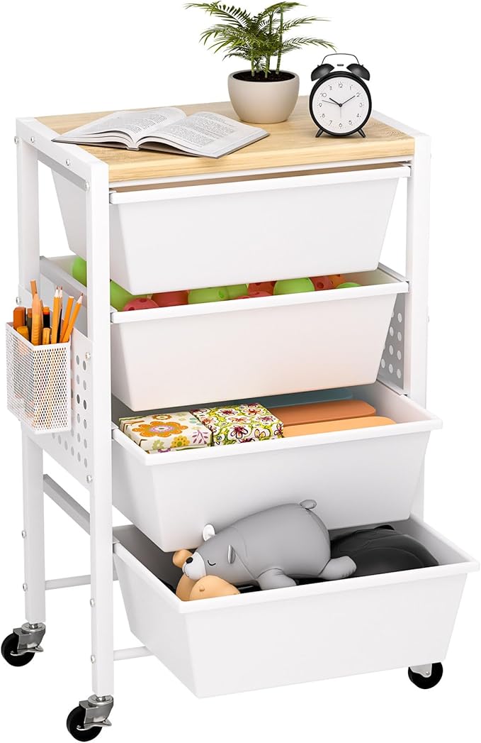 Rolling Cart with Drawers, Rolling Storage Cart with 4 Large Plastic Drawers & Wooden Tabletop, Utility Cart with Pegboards & Basket, Storage Drawers Cart for Living Room, Classroom, Bedroom, Office
