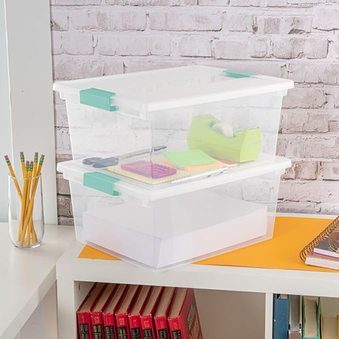 Sterilite 12-Pack Clip Box, Stackable Clear Plastic Bins with Latching Lids, Deep - Writing, Arts or Crafts Supplies Storage Containers for Home, Office, Classroom and Workshop Organization