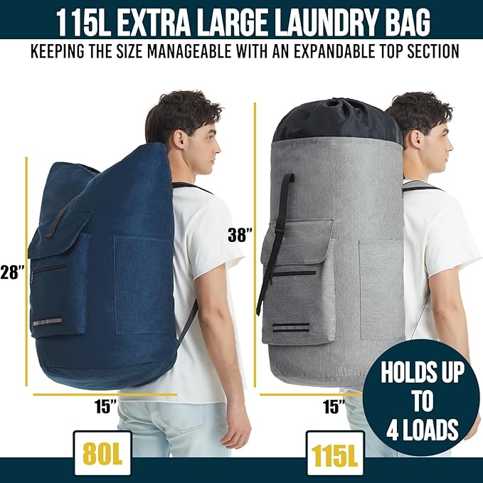 Laundry Backpack Bag, 115L Extra Large Laundry Bag with Straps, Heavy Duty Laundry Backpack with 4 Pockets, Sturdy College Backpack Laundry Bags, XL Laundromat Bags for College Dorm Room, Apartment