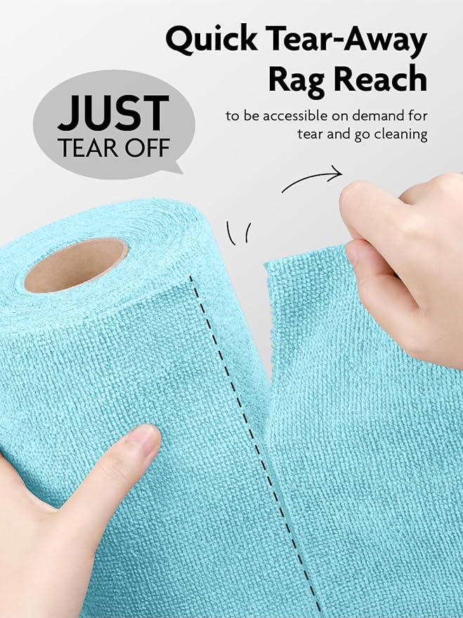 Fantasticlean Microfiber Cleaning Cloth Roll -60 Pack, Tear Away Microfiber Towels, 12" x 12", Reusable, Washable, Scratch Free, Ultra Absorbent Dishcloth for Car, Home Supplies (White & Blue)