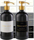 16oz Glass Soap Dispenser with Stainless Steel Pump, 21 Waterproof Labels, Non-Slip Protective Silicone Pad, Set of 2 for Bathroom & Kitchen (Gloss Black Bottle/Brushed Gold Pump)