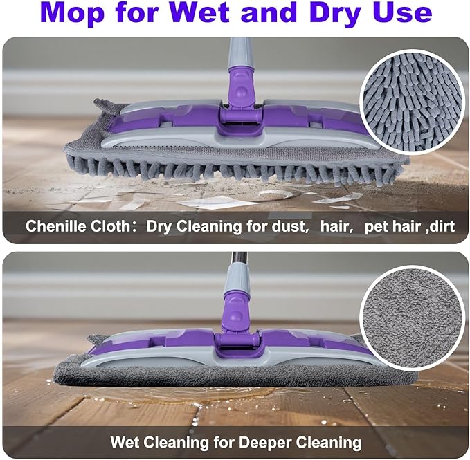 ITTAHO Microfiber Flat Mop Floor Cleaning System,Wet & Dry Dust Mopping with Stainless Steel Telescopic Handle,4 Reusable Mop Pads , Mops for Home,Laminate,Tile,Hardwoods Cleaning (Purple)