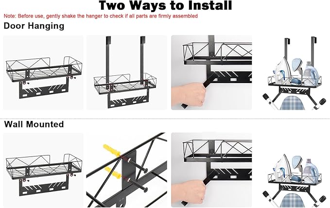 Ironing Board Hanger, Metal Over The Door or Wall Mounted Ironing Board Caddy, Ironing Board Storage Shelf with Adjustable Hooks for Laundry Room, Living Room, Bathroom (Matte Black)