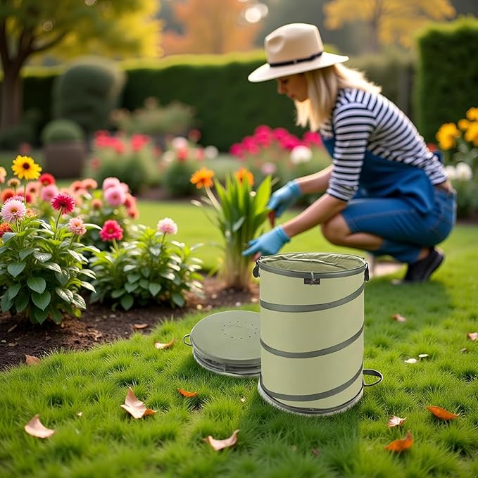 YUDI & GARDEN 45 Gallon Hard Bottom Collapsible Garden Bag｜Collapsible Trash Can｜Camping Trash Can, for Collecting Weeds or Party and Yard Waste