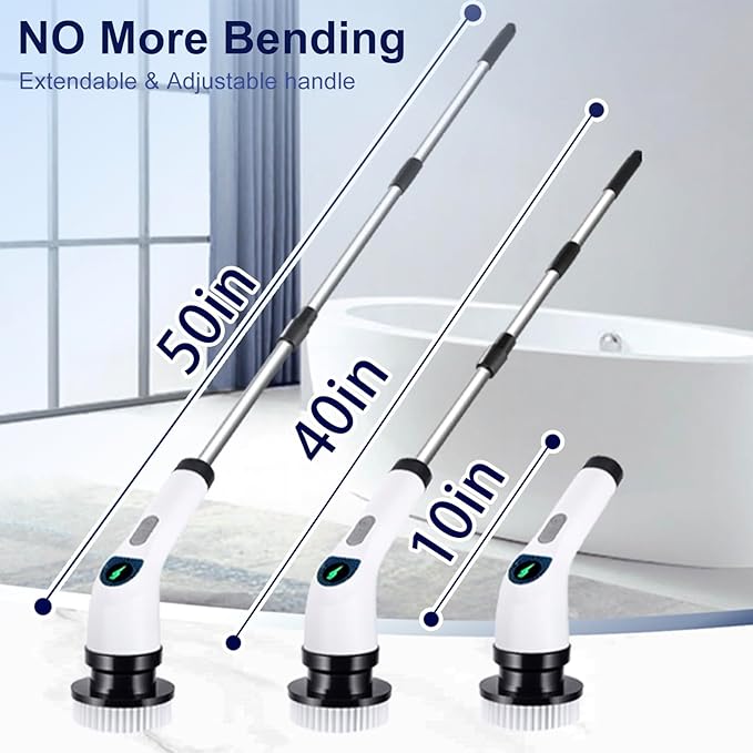 Electric Spin Scrubber for Cleaning - Shower Scrubber with Long Handle and 7 Replaceable Heads - 2 Speed Cordless Shower Brush for Cleaning with Long Battery Life, White