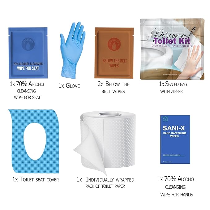 Personal Toilet Kit To Go – 10 Pack | Disposable Public Restroom Kit | Individually Wrapped for Toilet Protection Kit | Toilet Paper, Toilet Seat Cover, Butt Wipes, Cleansing Wipes (Clean)