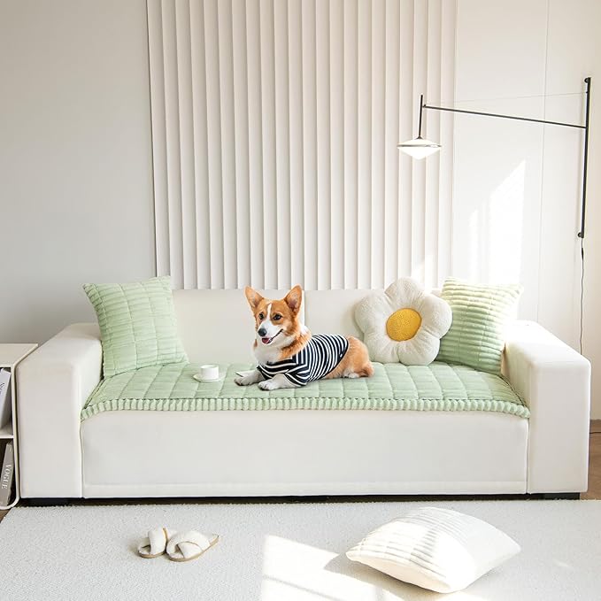OTOB Dog Couch Covers for 3 Cushion Washable Non Slip Plush Pet Friendly Bed Mat Sofa Cover for Dogs, All Seasons Cozy Soft Fuzzy Furniture Protector Sofa Slipcovers (Matcha Green, 27.6" x 59.1")