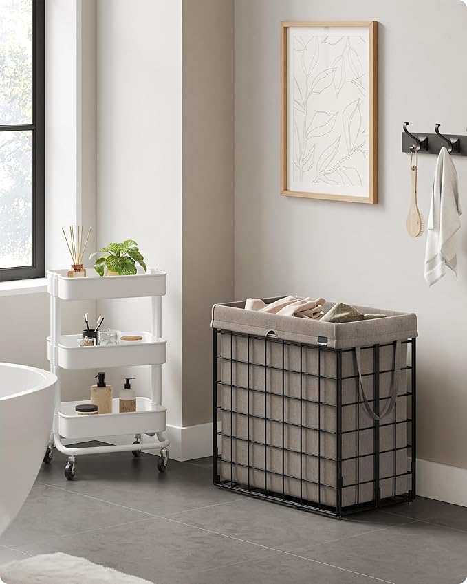 SONGMICS Laundry Hamper, 29 Gal. (110L) Laundry Basket, Collapsible Clothes Hamper, Removable and Washable Liner, Metal Wire Frame, for Bedroom Bathroom, Black and Camel Brown ULCB111N01