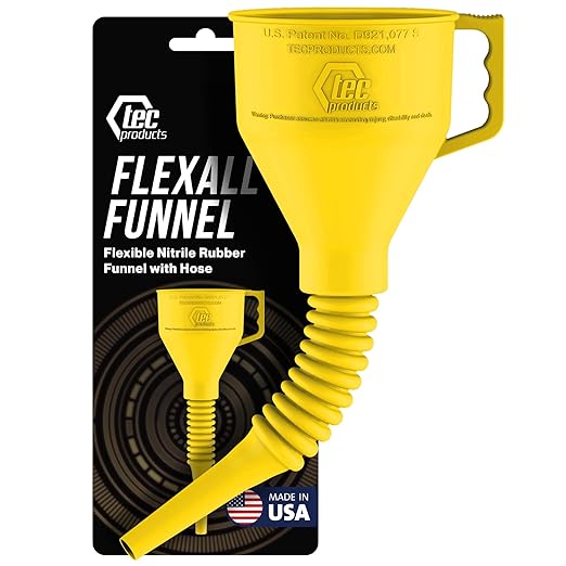TEC Products FlexAll Long Flexible Funnel for Automotive Use - Durable Nitrile Rubber - Ideal for Car Oil Change, Transmission Funnel Fluid, Diesel, Fuel, Gas - Made in USA - Yellow (16 x 5 Inches)