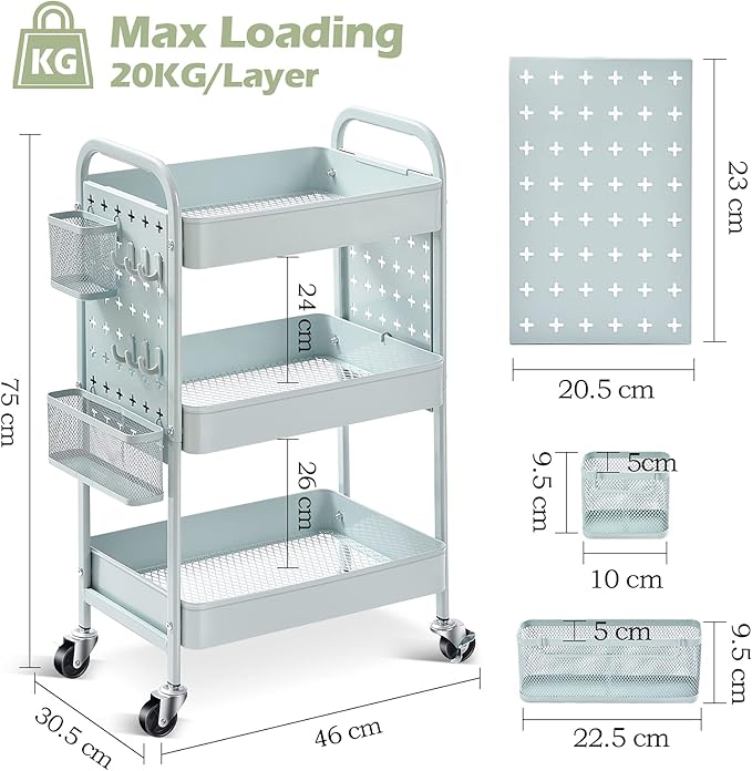TOOLF 3-Tier Rolling Cart, Metal Utility Storage Cart with DIY Pegboards, Art Craft Trolley with Baskets Hooks, Serving Organizer Easy Assemble for Office, Home, Kitchen, Classroom (Green)