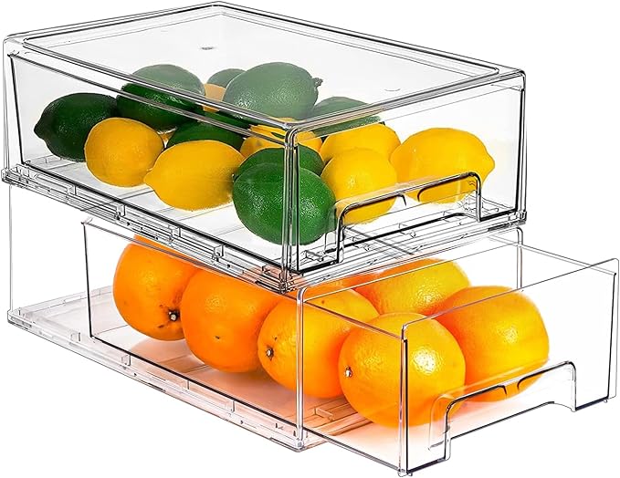 bealy 2 Pack Stackable Clear Storage Drawer,Refrigerator Organizers and Storage Drawer Pull Out Drawer for Fridge Kitchen Bathroom Cabinet Closet Office Clear