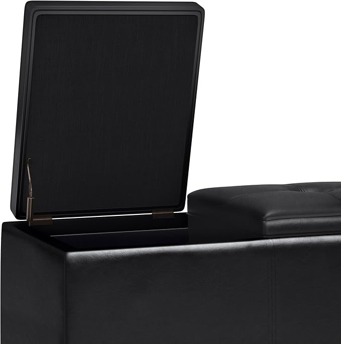 SIMPLIHOME Avalon 42 inch Wide Contemporary Rectangle Tray Storage Ottoman with Lift Up Lids in Midnight Black Vegan Faux Leather, Assembled, for the Living Room, Entryway and Family Room