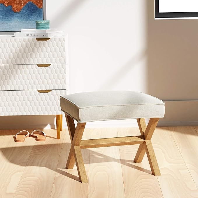 Amazon Basics Small Ottoman Foot Rest, Mid-Century Modern X Square Polyester Foot Stool, Linen, Ivory White, 18"D x 19.8"W x 18.3"H (Previously Rivet Brand)