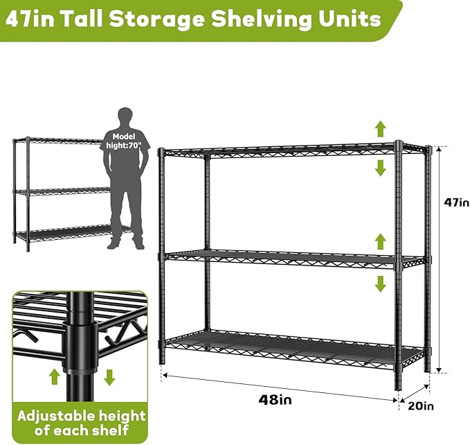 Storage Shelves, 3 PCS 48" L x 20" W x 47" H Heavy Duty Garage Wire Shelving Unit Loads 1200LBS, 3-Tier Adjustable Metal Industrial Utility Shelf Rack for Kitchen, Laundry Room, Basement