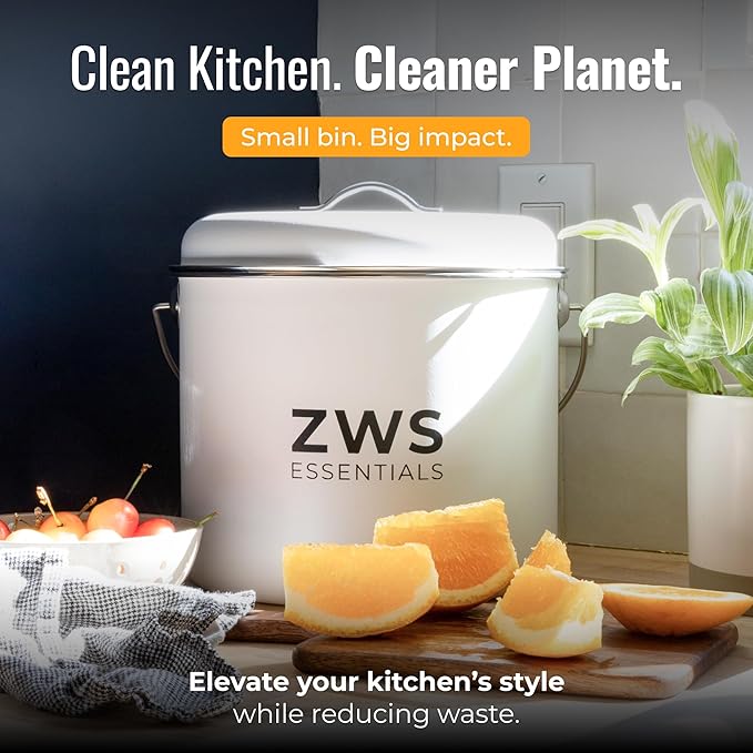 White Stainless Steel Compost Bin | 6.5L Odor-Free Kitchen Countertop Food Scrap Pail with Charcoal Filter | Compact Zero Waste Solution for Home and Apartment Kitchens