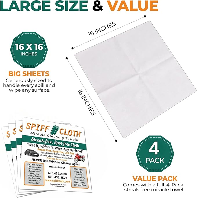 4-Count, Miracle Cleaning Towels, Streak-Free, Cleans with Just Water, 16" x 16" Reusable Washable Cloths