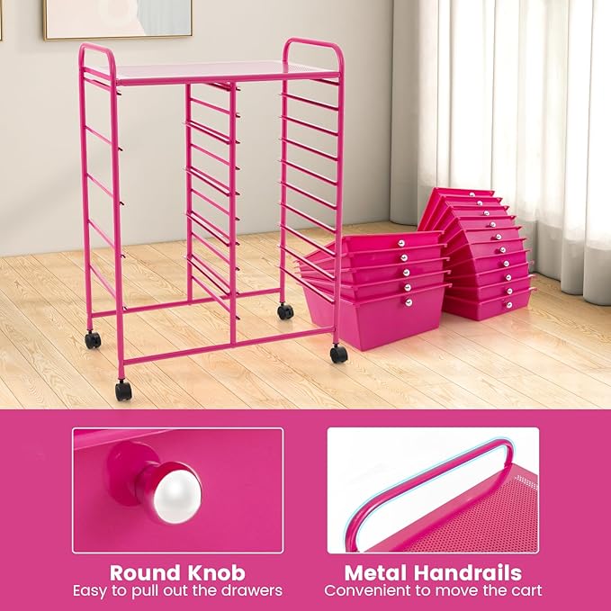 GOFLAME 15-Drawer Rolling Storage Cart, Multipurpose Movable Organizer Cart, Utility Cart for Home, Office, School, Hot Pink