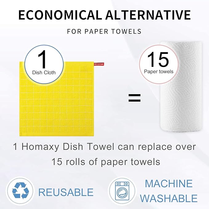 Homaxy 100% Cotton Terry Kitchen Dish Cloths, Ultra Soft and Absorbent Dish Towels for Kitchen, Perfect for Drying and Washing Dishes, 8 Pack, 12 x 12 Inches, Yellow