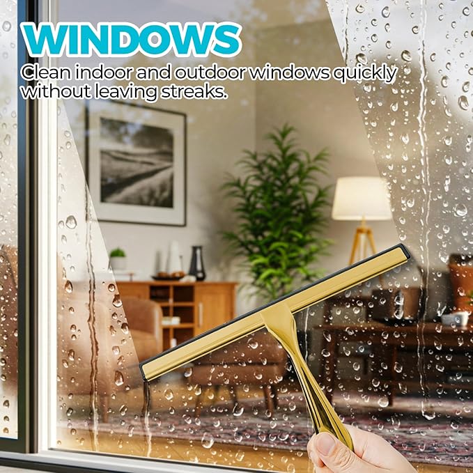 2PACK 12-Inch Golden All-Purpose Shower Squeegee for Shower Doors, Bath Linen Sets, Tile Shower Walls, Bathroom, Window, Glass and Car Windshield, Mirrors and Kitchen-Stainless Steel