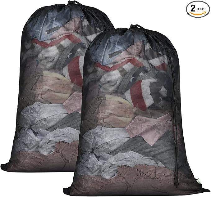 OTraki 2 Pack Large Laundry Bags 24 x 35 inch Mesh Washing Bag with Drawstring Closure Black Dirty Garment Toy Storage Bag Washable Laundry Hamper Replacement Liner for Home Dorm Hotel Beach