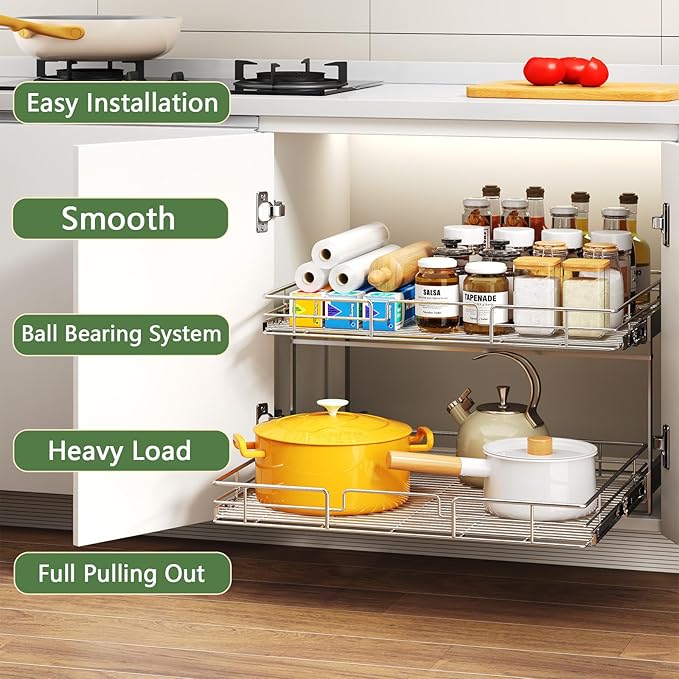 2 Tier Individual Pull Out Cabinet Organizer 25½" W x 21½" D, Heavy Duty Cabinet Pull Out Shelves, Slide Out Drawers Organization for Kitchen Cabinets Bathroom