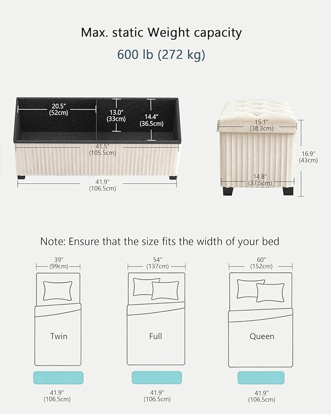 Storage Ottoman Bench, 43 Inch Foldable Ottoman with Legs, Velvet Foot Rest Stool, End of Bed Bench, Storage Chest for Living Room, Bedroom (Beige)