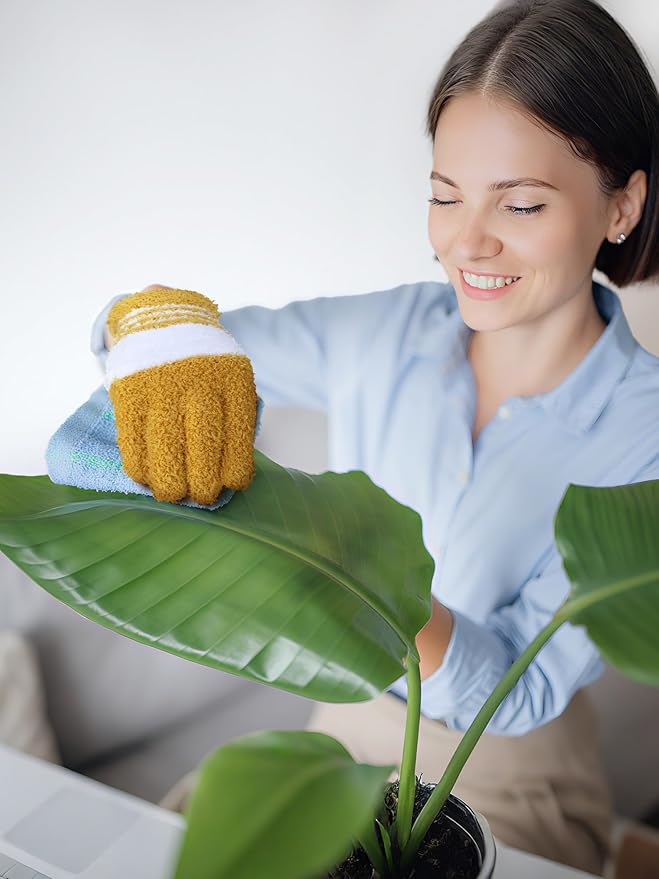 Patelai 3 Pairs Microfiber Plant Dusting Gloves Leaf Cleaning Gloves for Indoor Plants, Blinds, Furniture, House(Large,Red, Green, Yellow)