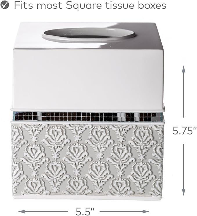 Creative Scents Mirror Damask Square Tissue Box Cover - Decorative Bathroom Tissues Paper Holder, Modern Napkins Container, Bottom Slider, for Cute Elegant Bathroom Decor (White & Gray)