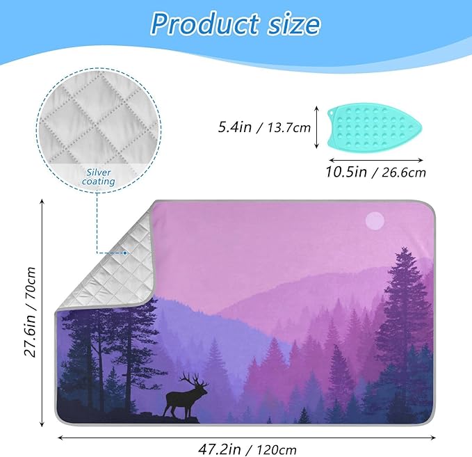 Ironing Mat Portable Ironing Pad Ironing Blanket for Table Top Heat Resistance Double-Side Using Travel Large 47.2 x 27.6 Inch Foldable Lightweight Purple Stag Mountains and Forest