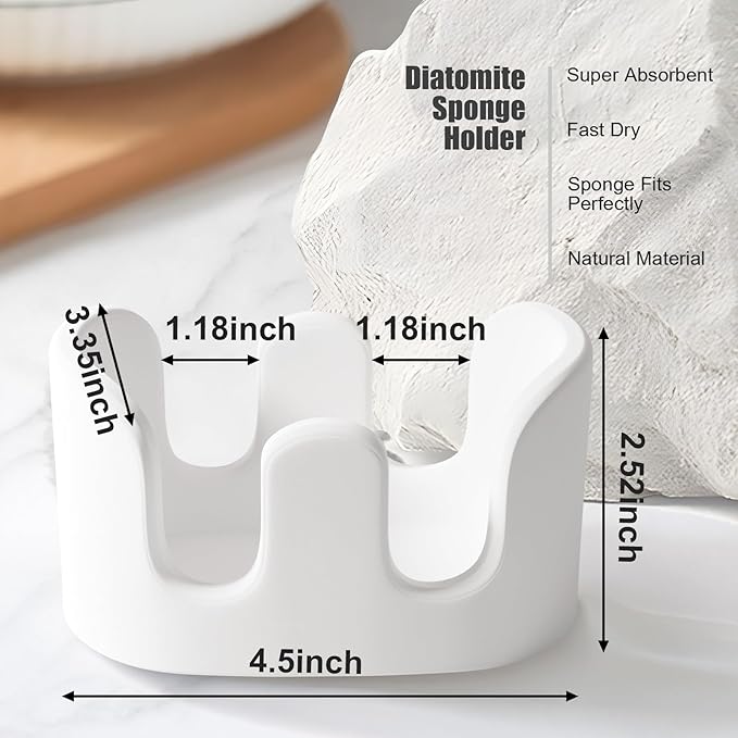 2 Pack Double Sponge Holder, Diatomite Stone Absorbent Sponge Stand for Kitchen Sink - Quick Dry Organizer for Kitchen Countertop, White