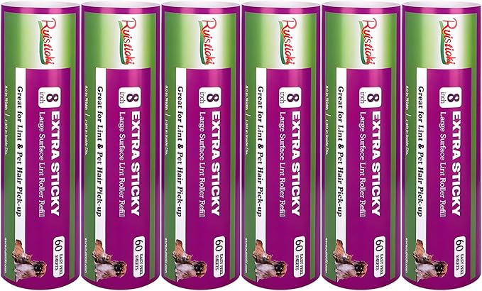 8 inch Large Surface Roller Refill Compatible with Scotch-Brite Pet Hair Pickup Extra Sticky Large Lint Roller Replacement 60 Easy-Tear Adhesive Sheets per Refill Pack of 6 Rolls 360 Sheets Total