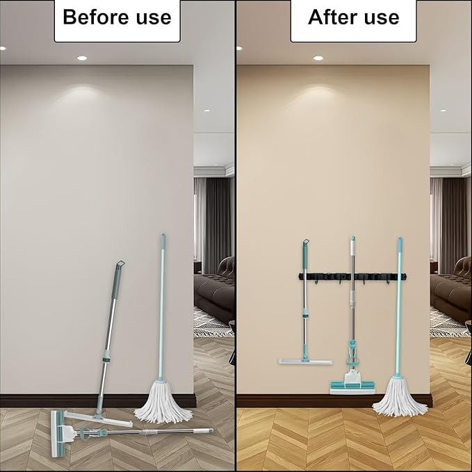 Broom and Mop Holder Wall Mount - 5 Slots and 4 Hooks Stainless Steel Mop and Garden Tool Storage Rack for Bathroom, Kitchen, Garage, Outdoor （2Pcs
