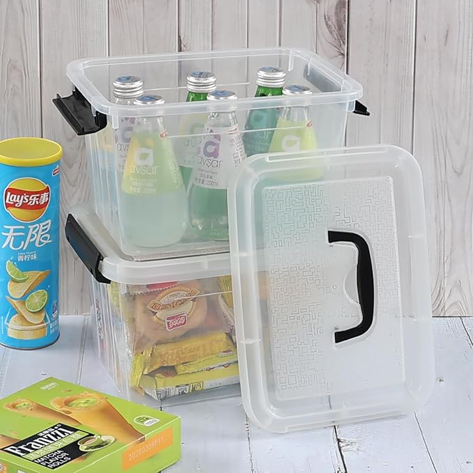 4 Packs Plastic Stackable Storage Container Bin with Lid and Latch, Plastic Latching Box with Handle, 5 L
