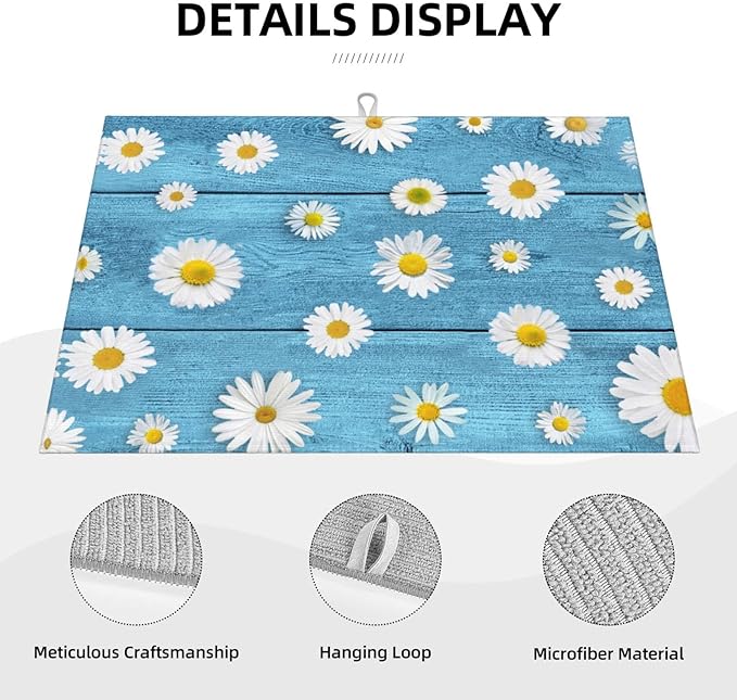 Daisies On Vintage Blue Wood Dish Drying Mats For Kitchen Counter Microfiber Absorbent dish Mat Xl Reversible Drying Mats For Countertop 18 Inch X 24 Inch