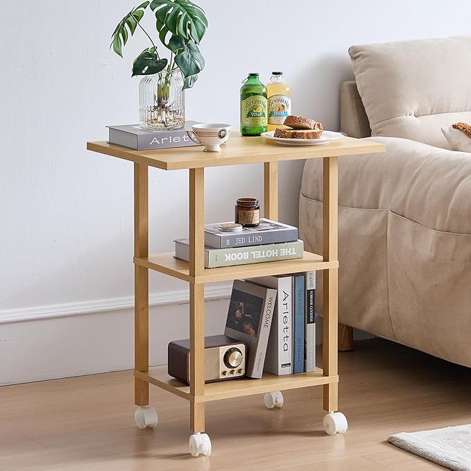Lerliuo 3 Tier Printer Stand with Storage, Printer Table for Home Office, Wooden Rolling Printer Cart Shelf with Lockable Wheels fit Fax Machine, Scanner(Natural)