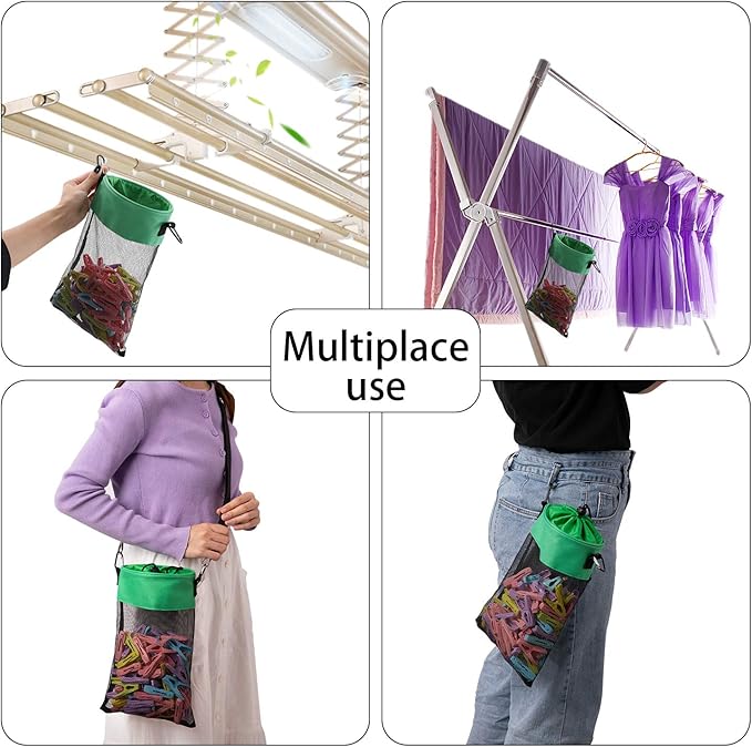 Mesh Clothespin Bag with Hooks Hanging Clothes Pin Bag with Drawstring Closure Clothespin Holder, Ventilation and Moisture Resistance, Storage Organizer, Machine Washable （Green）