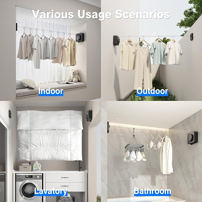 Retractable Clothesline Indoor, Non-Sagging Outdoor Clothes Line Retracting Heavy Duty Clothes Drying Laundry Line Wall Mounted Stainless Steel Line-15.1 Feets(Black)