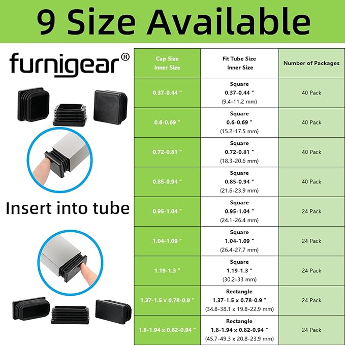 Furnigear Plastic Plugs Tubing End Cap Chair End Caps Outside Bottom Tubing Caps Square Furniture Sliders Glides Black (40, Fit 0.6-0.69" Square Tube Inner Size)