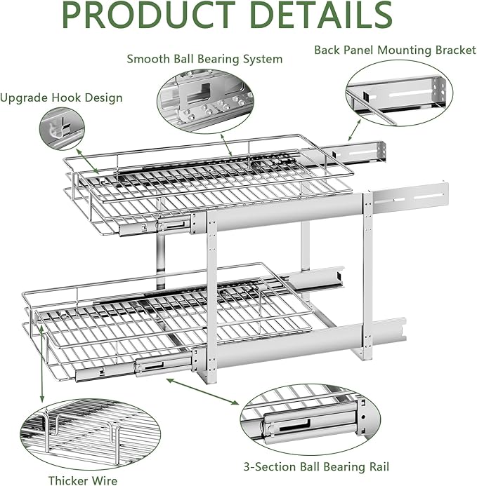 2 Tier Individual Pull Out Cabinet Organizer 11½" W x 21½" D, Heavy Duty Cabinet Pull Out Shelves, Slide Out Drawers Organization for Kitchen Cabinets Bathroom