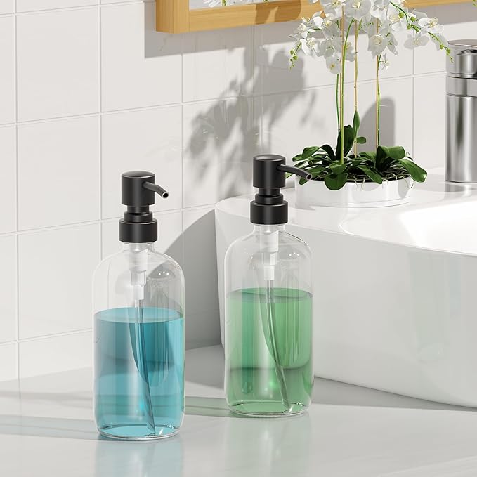 AmazerBath Glass Soap Dispenser, 2-Pack Clear Glass Soap Dispenser with Pump Bronze Rustproof, 17 Oz Bathroom Hand Soap Dispenser Bottle for Liquid Lotion, Kitchen Dish Soap Dispenser