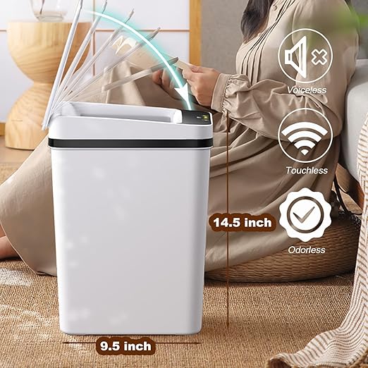 Yatmung Skinny Trash Can Automatic Touchless - 4 Gallons Motion Sensor Bathroom Trash Can - Electric, Slim, Plastic - Narrow Garbage Can with Lid - Thin Smart Trash Bin - 15.5 Liters (White)