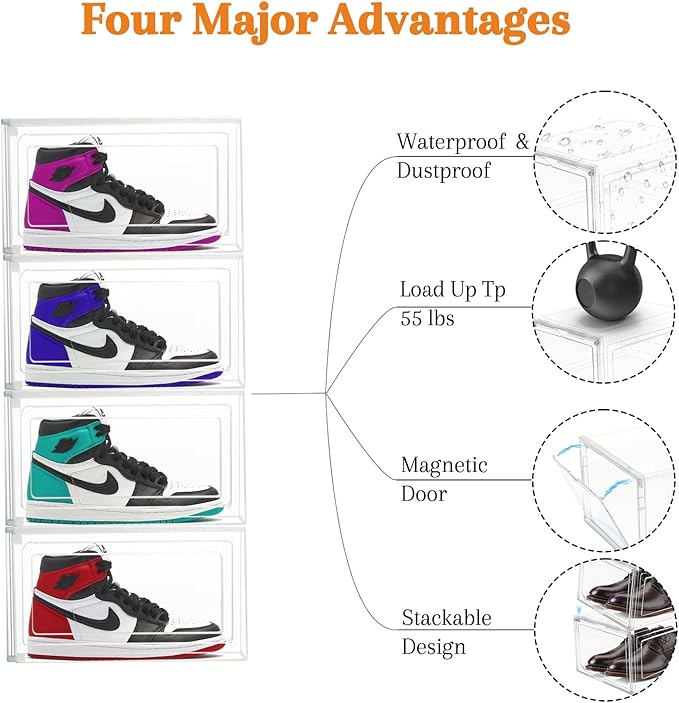 10 Pack Shoe Storage Box Clear Hard Plastic Shoe Organizer Stackable Hats Sneaker Display Case with Lids for Size 13, Clear