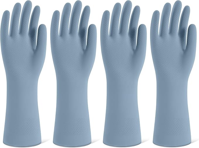 Rubber Cleaning Gloves for Dishwashing, 4 Pairs Reusable Kitchen Gloves for Washing Dishes and Household Cleaning, Blue Dish Gloves with Flocked Lining and Non-Slip Grip, Pefect for Woman Men - S