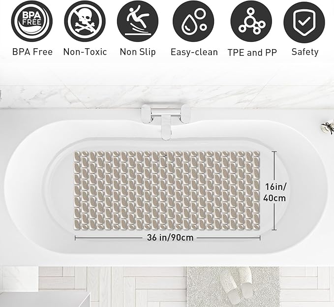 Shower Mat Non Slip Bathtub Mat - 36" x 16" Eco-Friendly Soft Bath Mat for Tub Non Slip Shower Mats for Inside Shower with Suction Cups and Drain Holes, Easy to Clean Quick-Drying, Brown