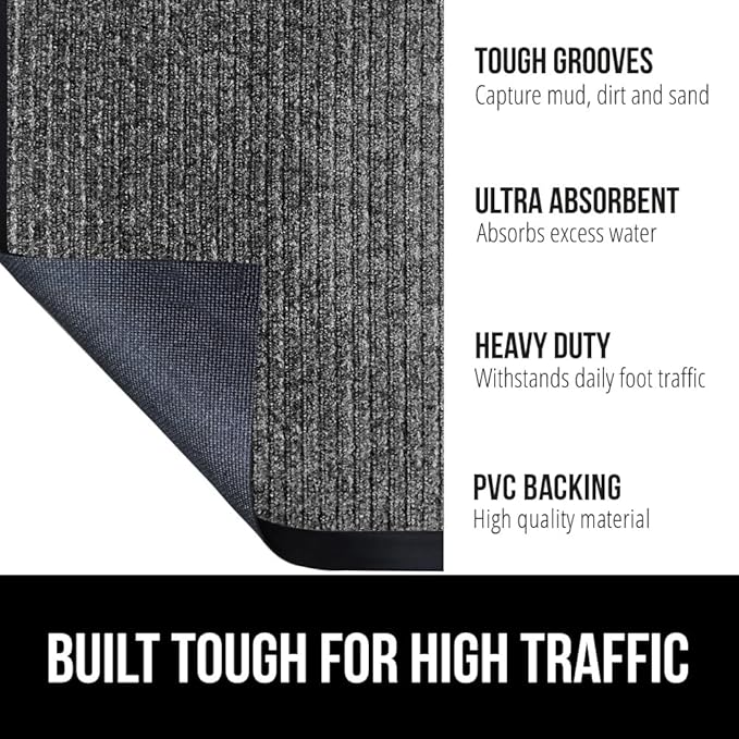 GORILLA GRIP Traffic Guard Door Mat, 59x24, Heavy Duty Welcome Mats, Commercial Office Space Doormat, Waterproof, Fade Resistant, Strong Rubber Backing, Low Profile, Shoe and Boot Scraper, Light Gray