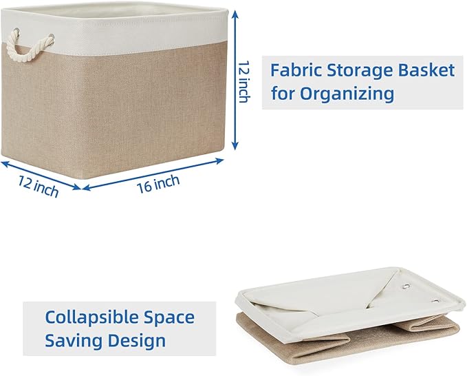 Temary Fabric Storage Baskets 2 Pack Decorative Storage Bins Basket for Gifts Empty Shelf Baskets with Handles for Organizing Home Closet, Towels (White&Khaki,16Lx12Wx12H Inches)