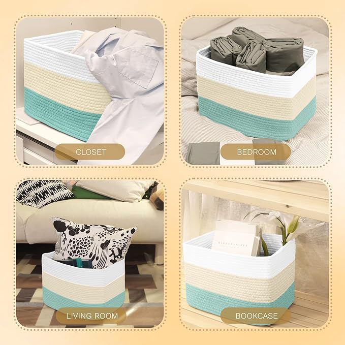 Hopegiver Woven Storage Baskets 15x11x10 Inch, 1 Pack Collapsible Cube Storage Bin for Shelves - Foldable Cotton Rope Organizer Bins for Towels, Toys, Books, Closet, Nursery (White Cream Green)
