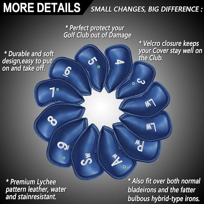 FINGER TEN Premium Synthetic Leather Stylish Iron & Wedge Golf Head Covers Value 12 Piece Set, Embroidered Labels & Fits Most Clubs Gift Set, Travel Protection Accessories