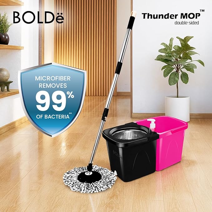 Thunder Mop Spin System - 2 Compact Stackable 6L Buckets, Microfiber Head, Stainless Steel Wringer, Antifungal Quick-Dry Cleaning, Soap Dispenser, 3 Free Refills (Lt Green/Dk Green)