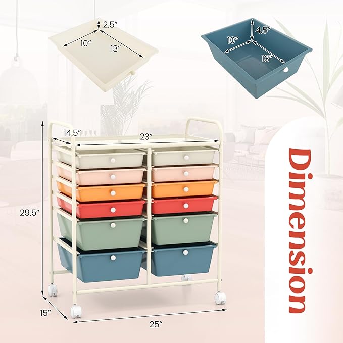 GOFLAME 12-Drawer Rolling Storage Cart, Multipurpose Organizer with 2 Sizes Plastic Drawers, Mobile Utility Cart with Lockable Casters for Home, Office, Beauty Salon, School, Macaron Color